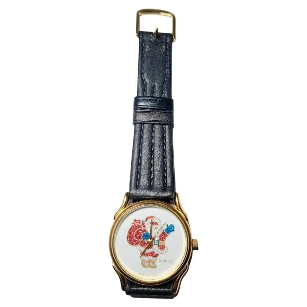 Vintage‎ Christmas Theme Santa Claus Analog Wristwatch Black Band Round Face